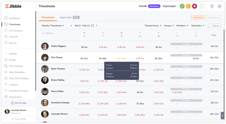 Weekly timesheets view on the web app