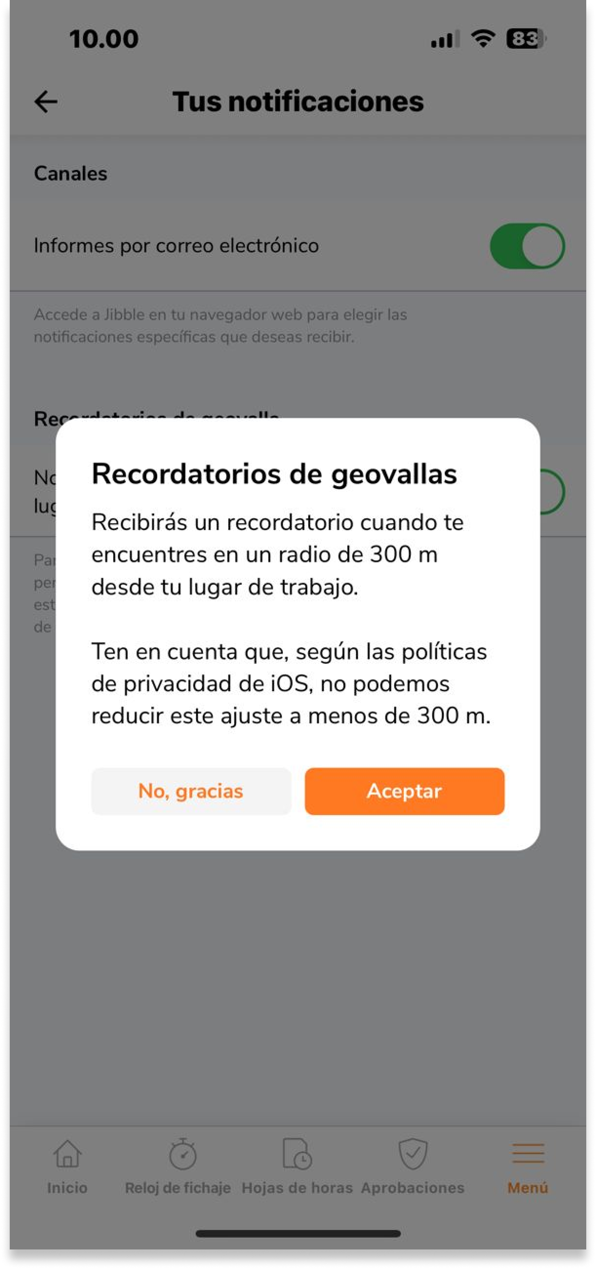 Si se ha realizado el paso 2, se mostrará una ventana emergente de confirmación cuando se active el selector informando al usuario de las limitaciones establecidas por la política de Google e iOS.