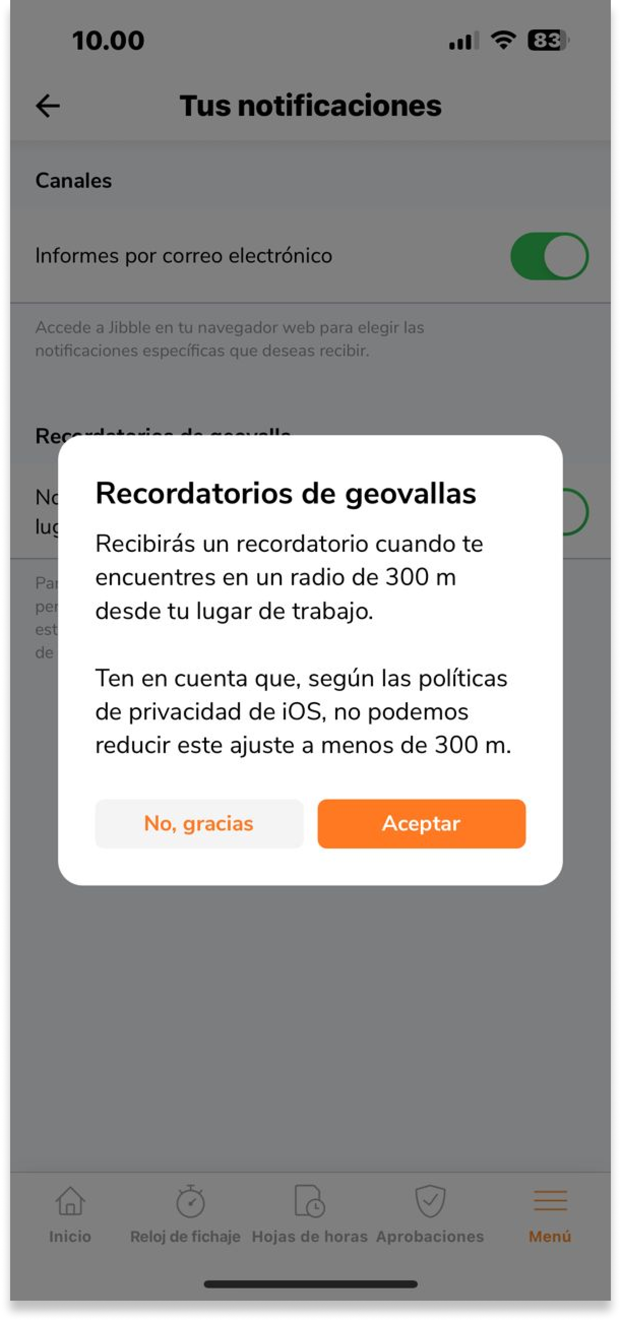 Si se ha realizado el paso 2, se mostrará una ventana emergente de confirmación cuando se active el selector informando al usuario de las limitaciones establecidas por la política de Google e iOS.