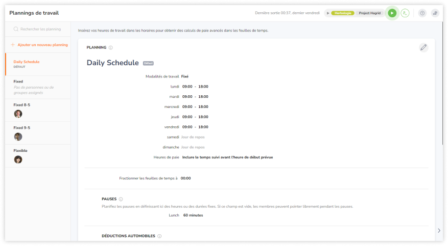 Work schedule details and settings