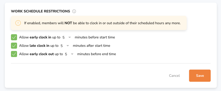 Work schedule restrictions on time tracking settings