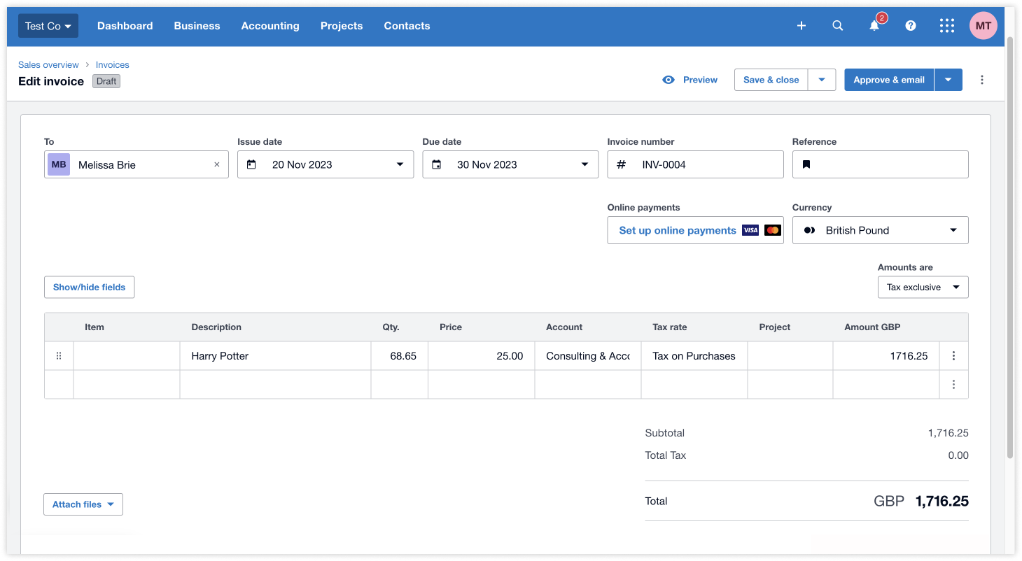 Xero invoice created from Jibble