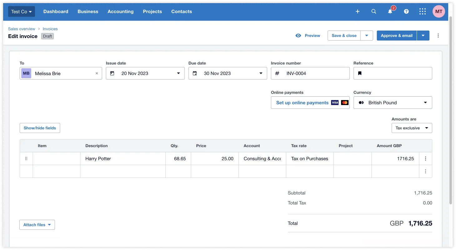 Faktur Xero yang dibuat dari Jibble