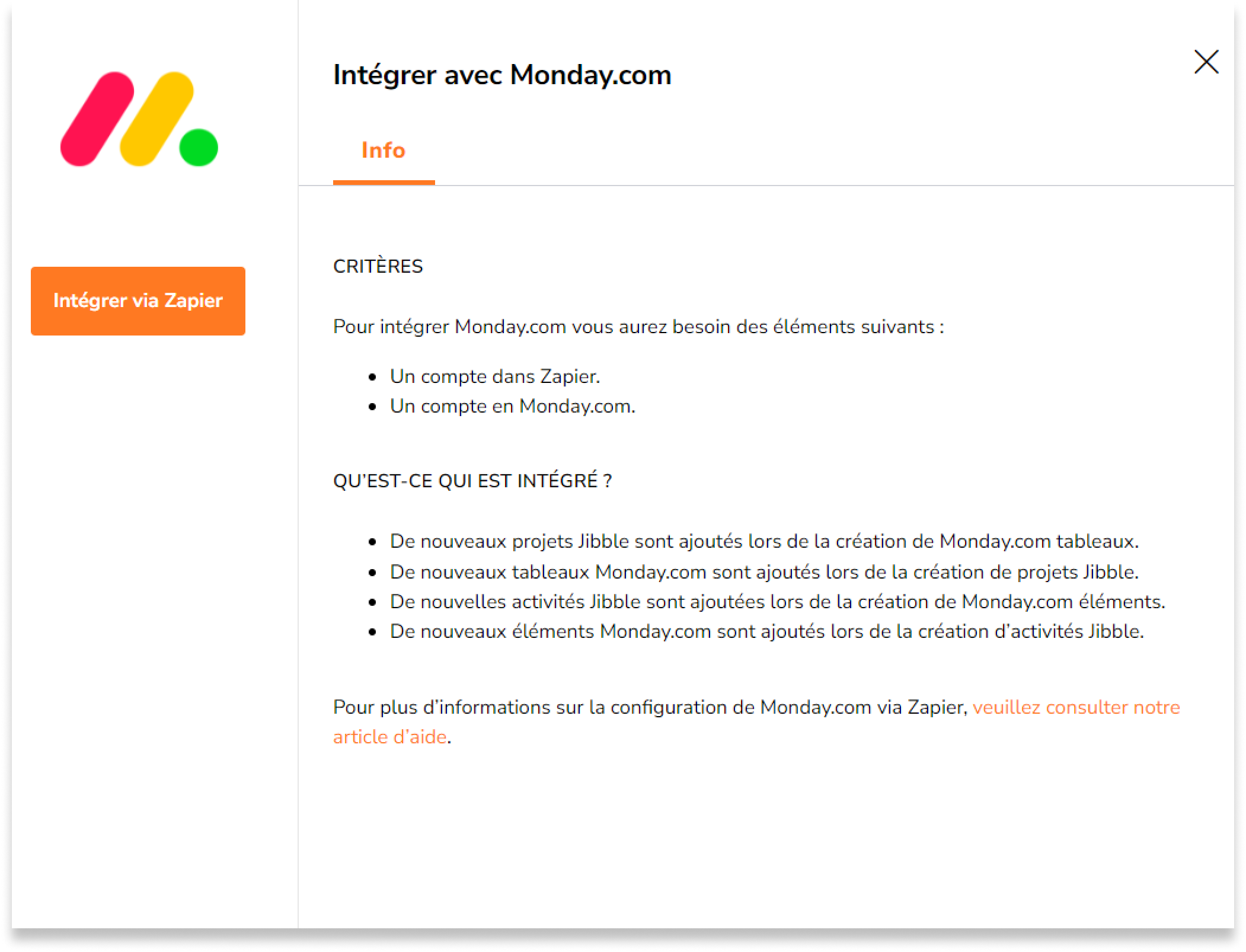 Pour les applications qui peuvent être liées à Zapier, vous verrez un bouton qui s'intègre à Zapier. Cliquez sur ce bouton "Intégrer via Zapier".