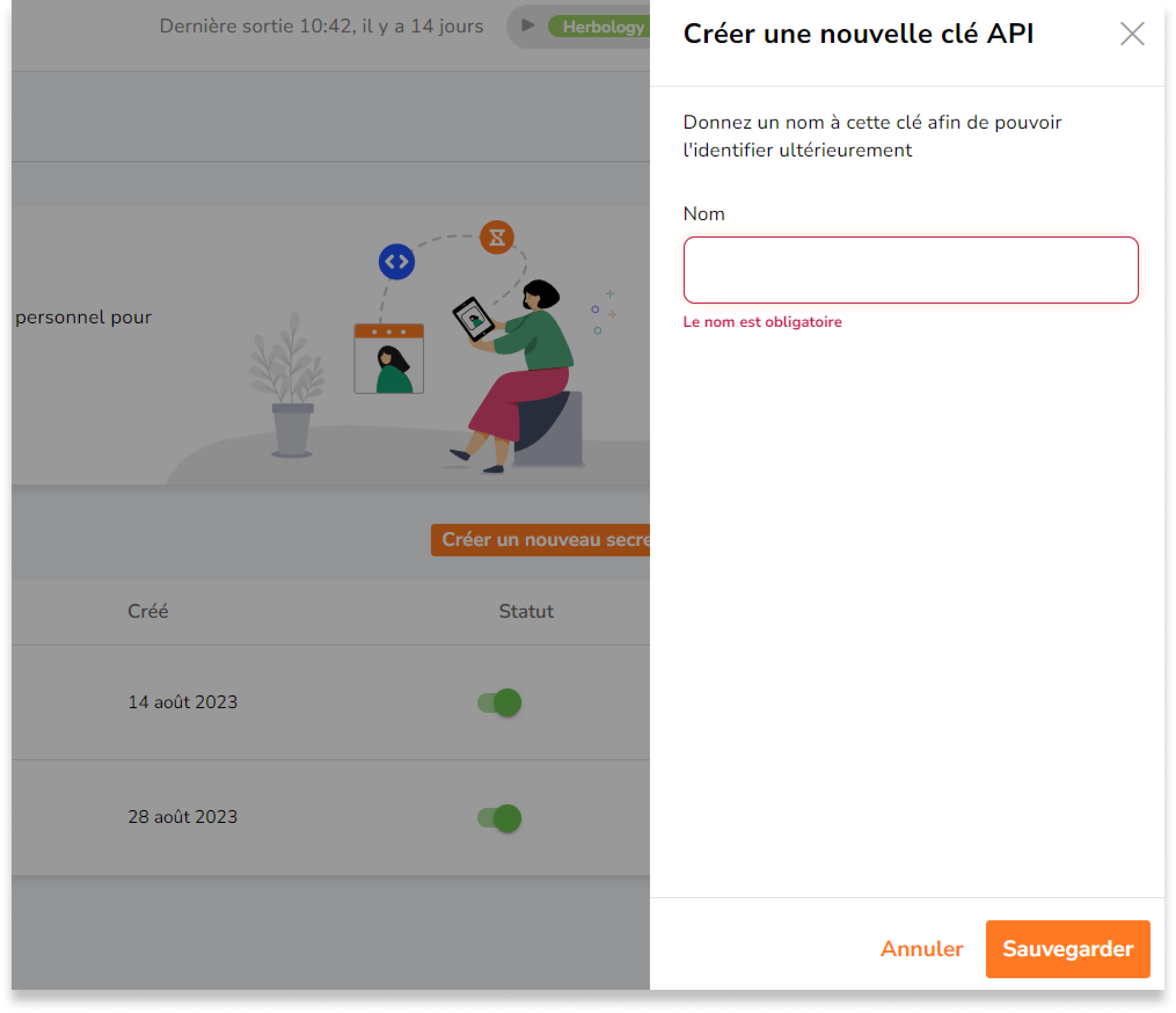 Dans l'onglet « Identifiants API », cliquez sur le bouton « Créer un nouveau secret » et nommez votre clé API.