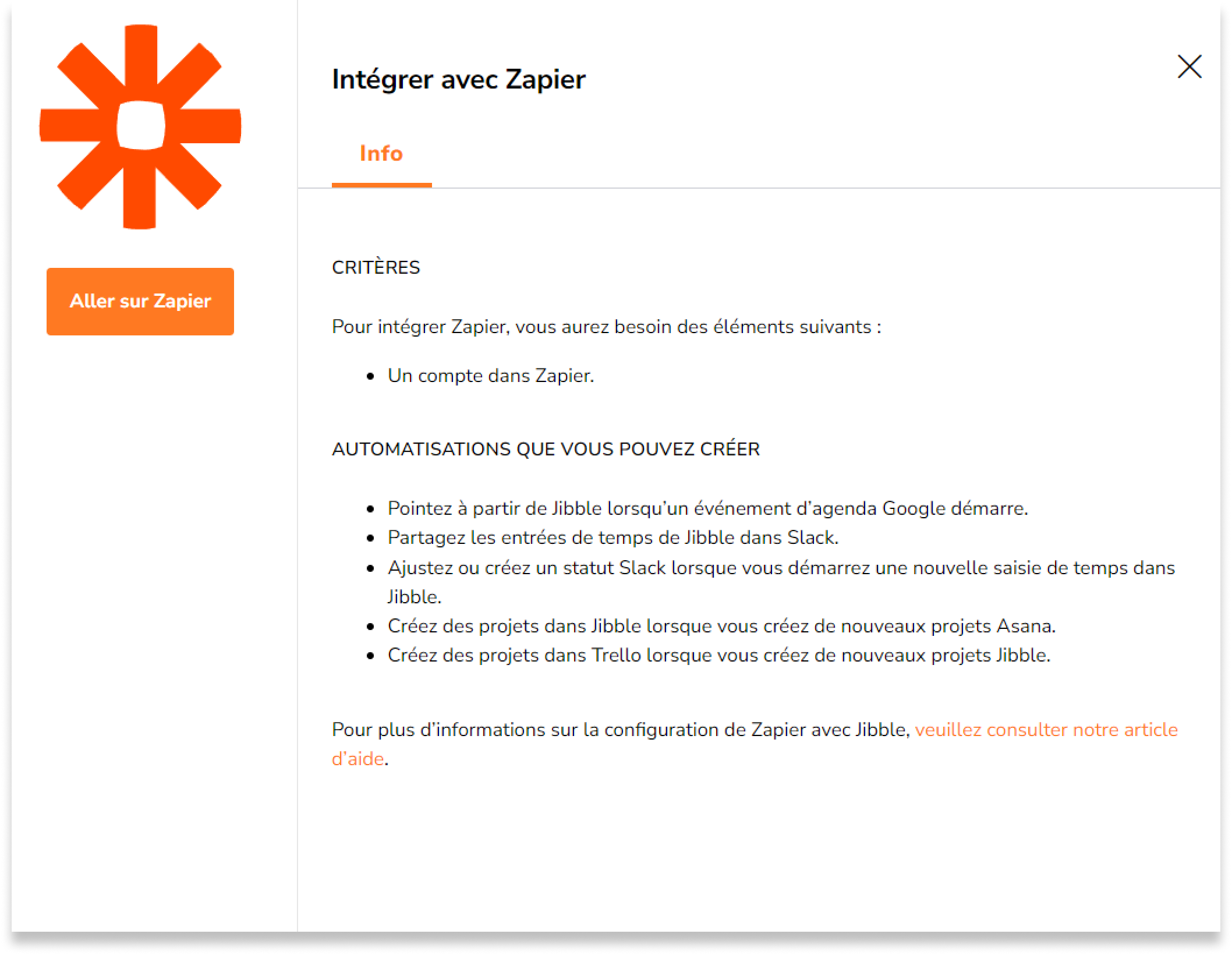 Vous verrez une fenêtre modale qui s'intègre à Zapier. Cliquez sur "Aller sur Zapier"
