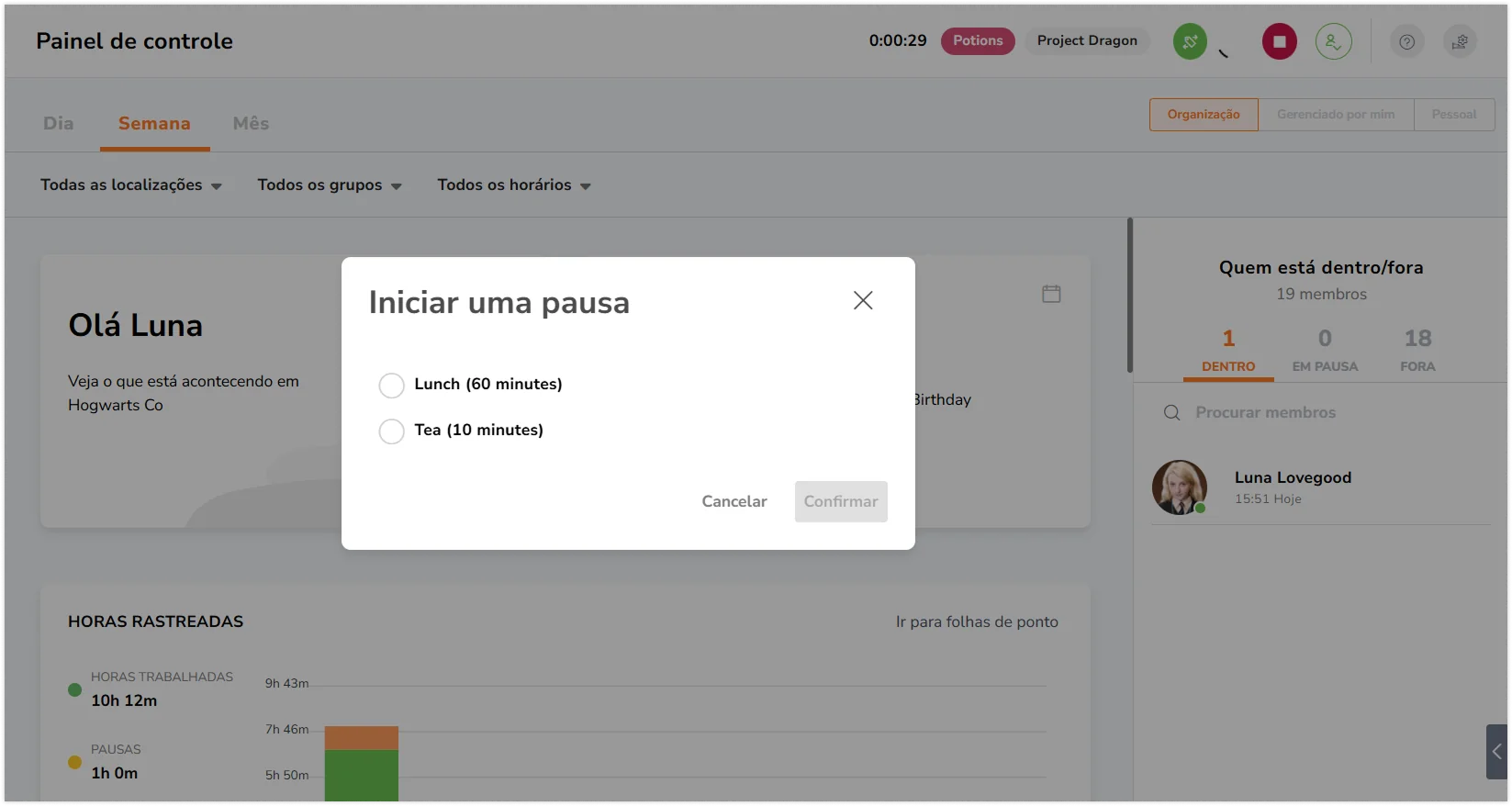 Iniciando pausa como membro no aplicativo web
