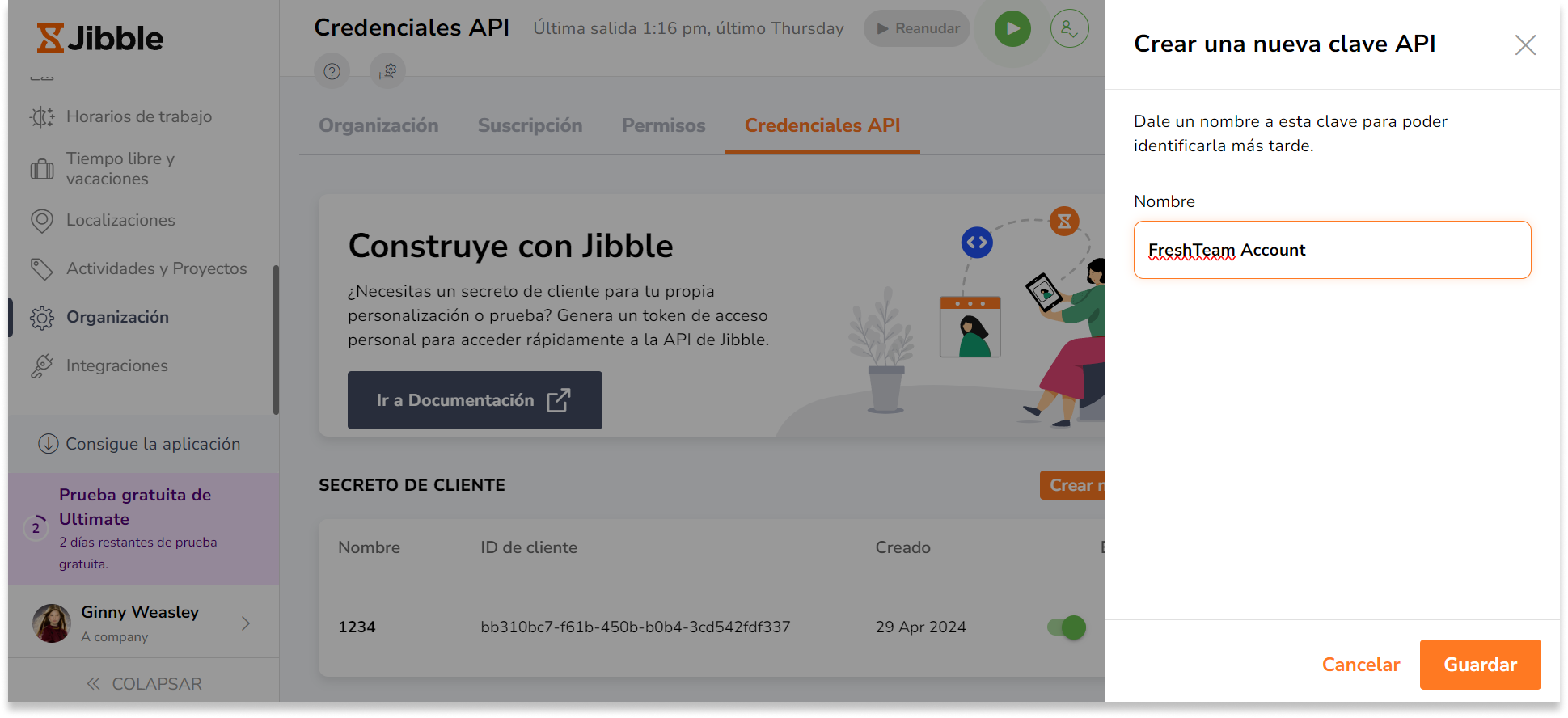 Ve a Configuración > Organizaciones > Credenciales API y haz clic en "Crear nuevo secreto".