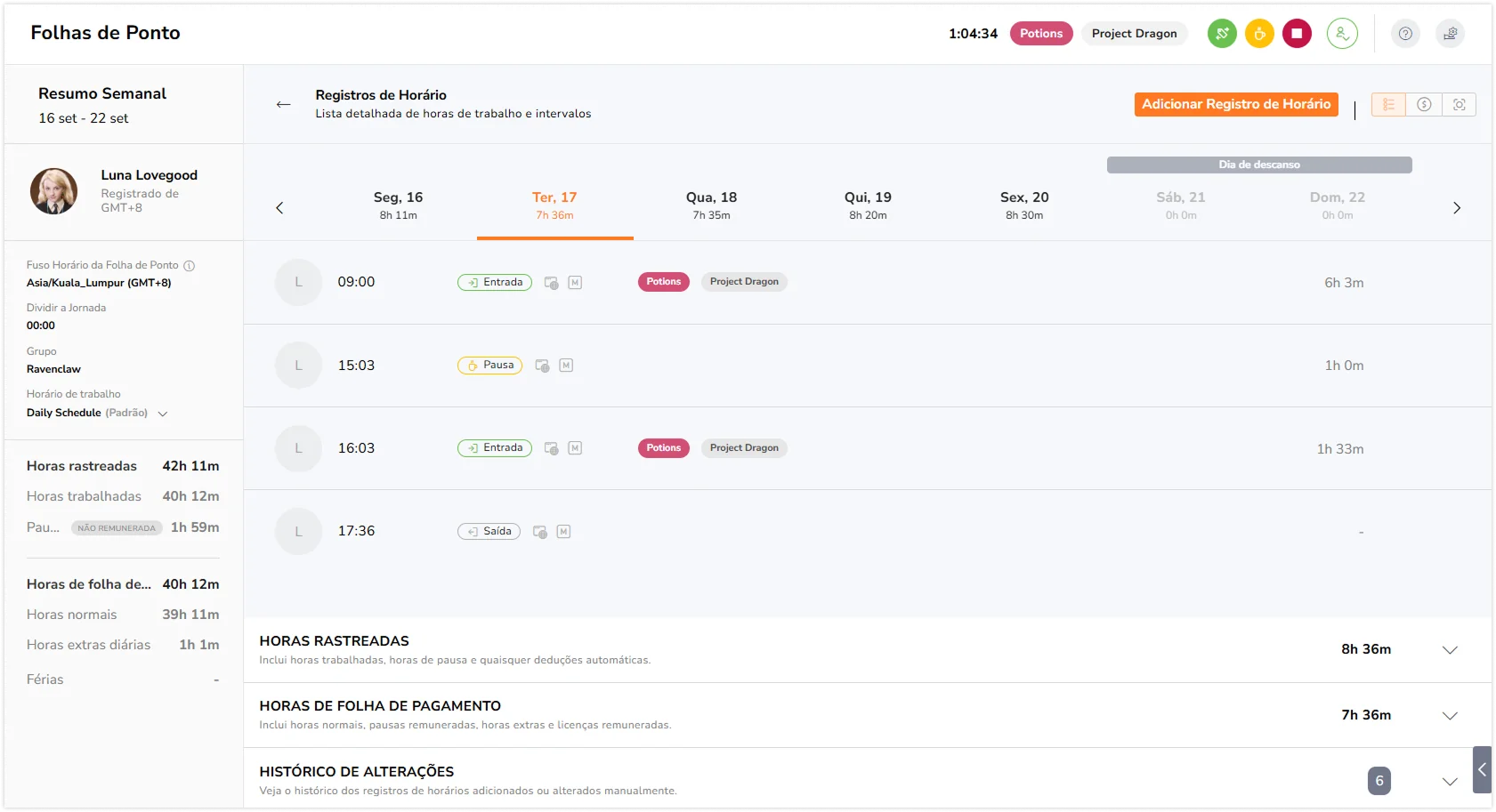 Visualizando planilhas de horas como membro no aplicativo web