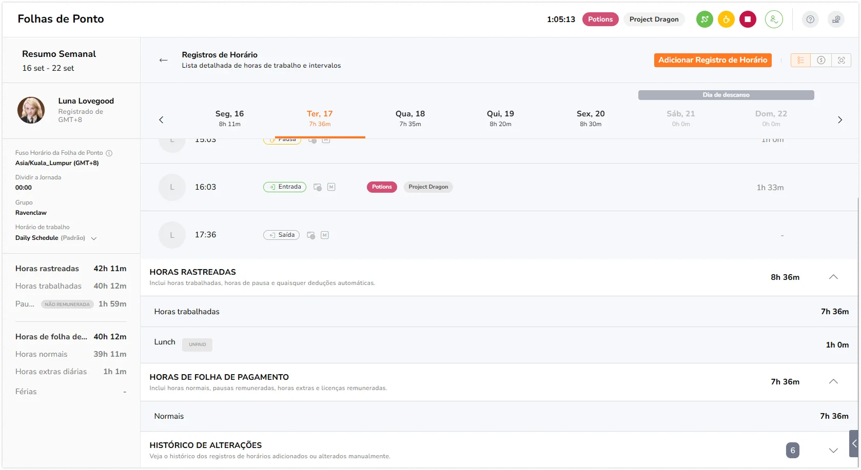 Visualizando planilhas de horas detalhadas como membro no aplicativo web