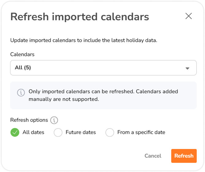 Jendela pop-up untuk memilih kalender dan tanggal yang akan disegarkan