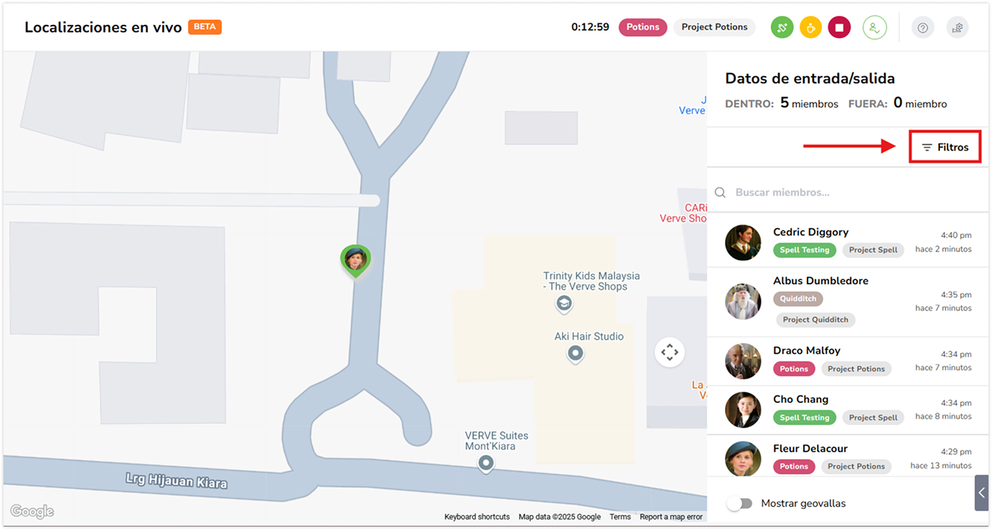 Filters on live location on web app