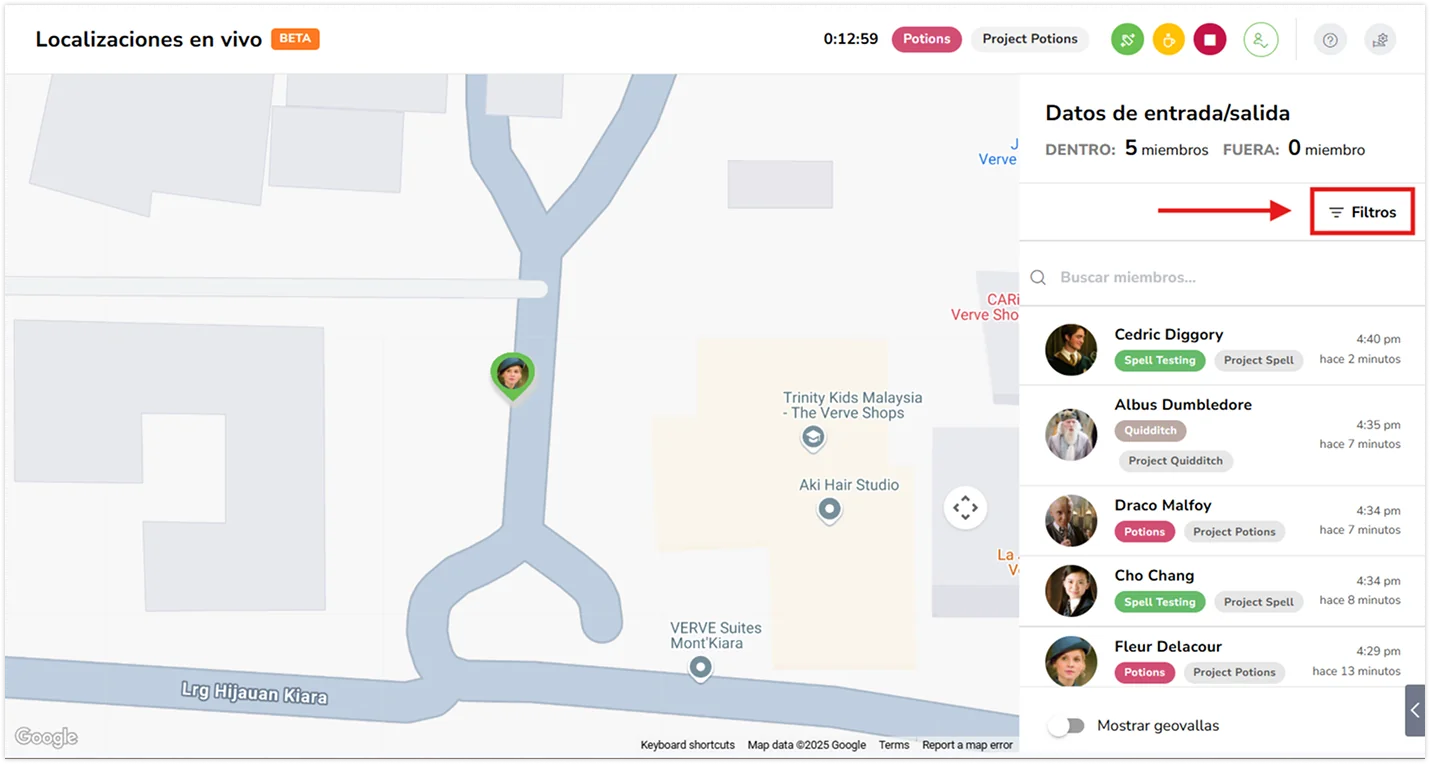 Filters on live location on web app
