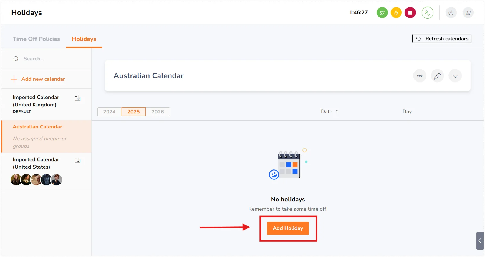Add Holiday button