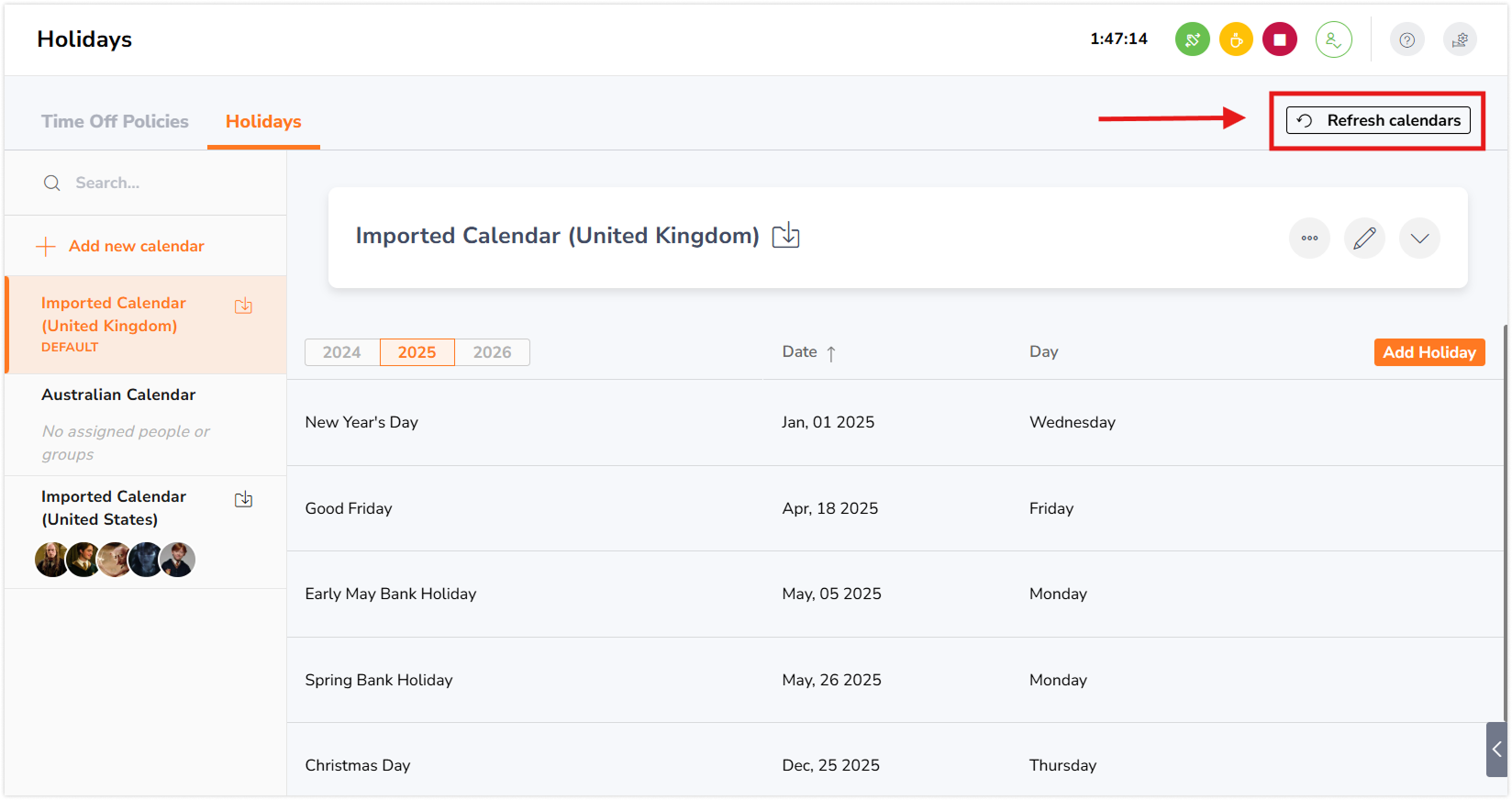 Refresh calendar button