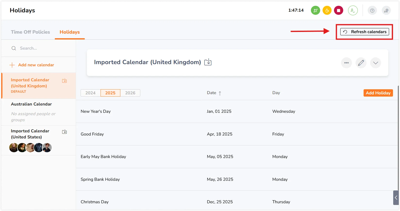 Refresh calendar button