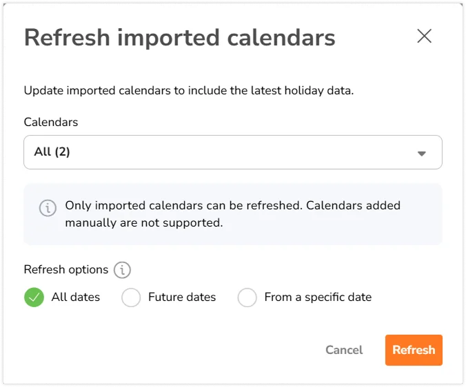 Pop-up window to select calendars and dates to refresh