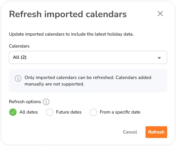 Refresh all calendar pop-up confirmation