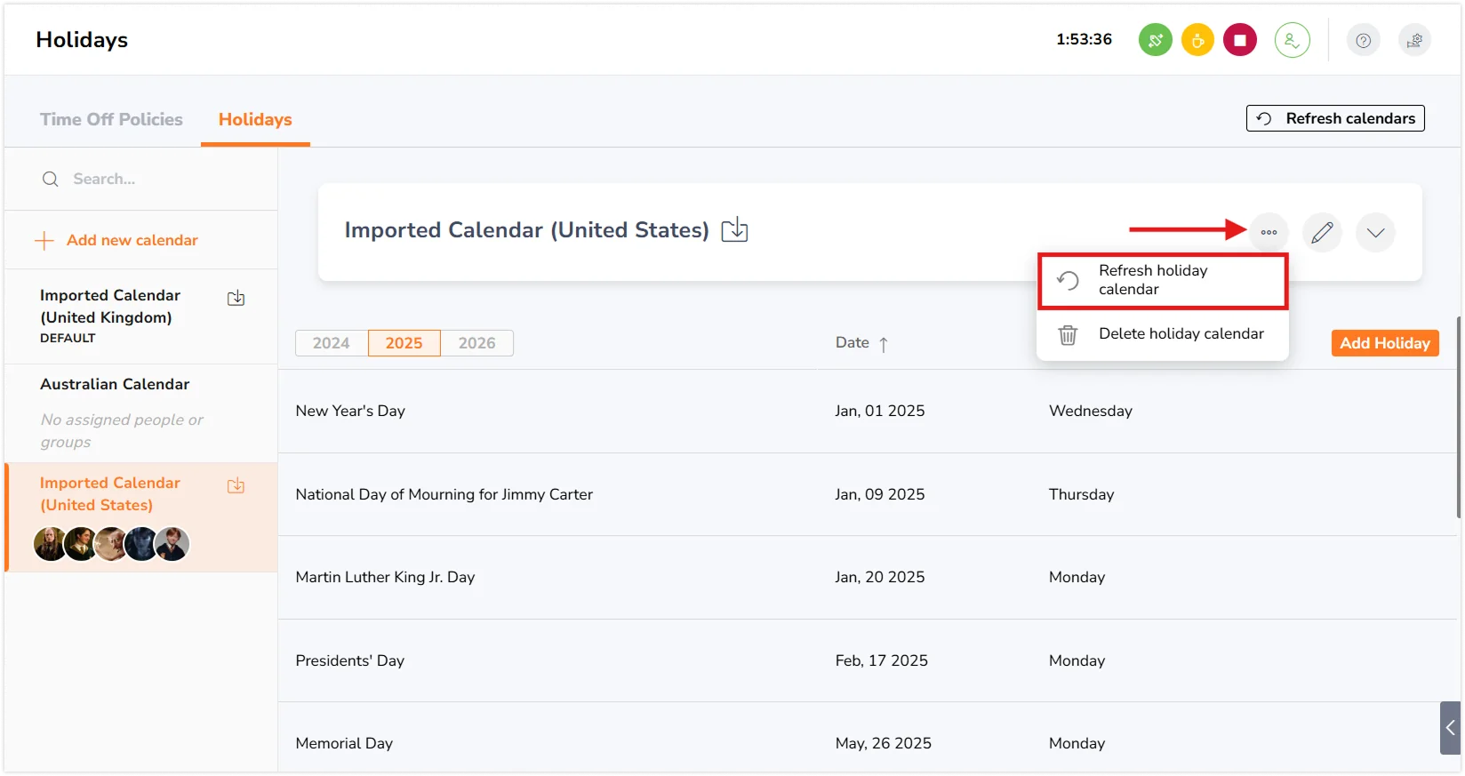 Refresh calendar button under triple-dot menu