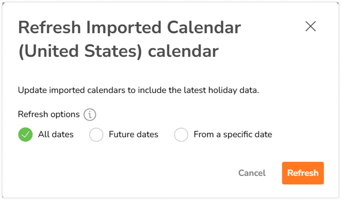 Pop-up window to select calendars and dates to refresh
