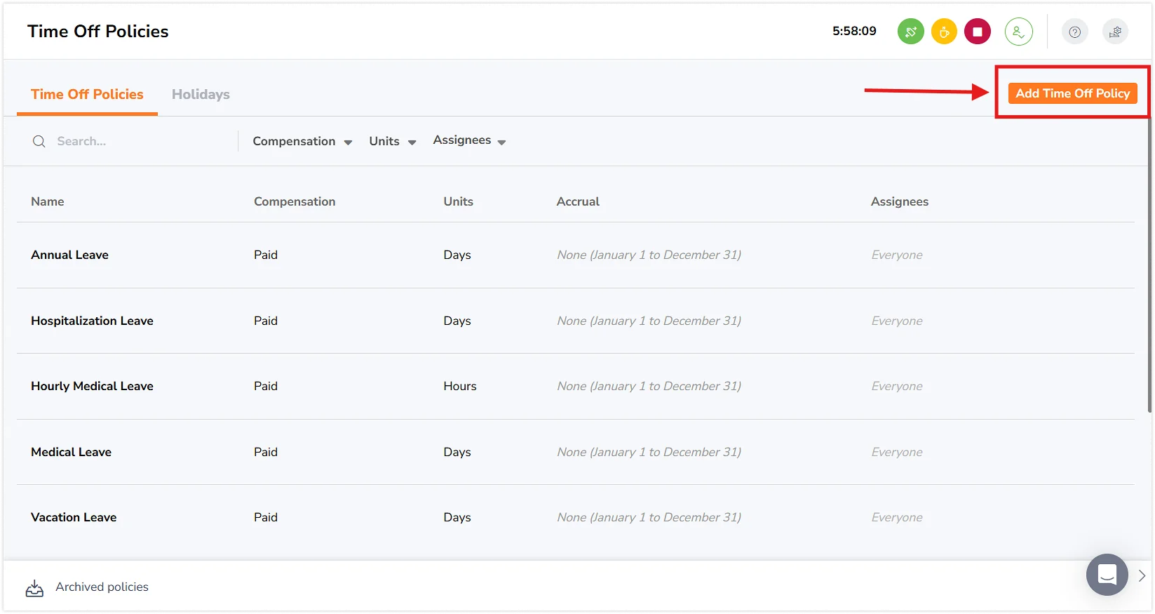 Adding time off policies on web