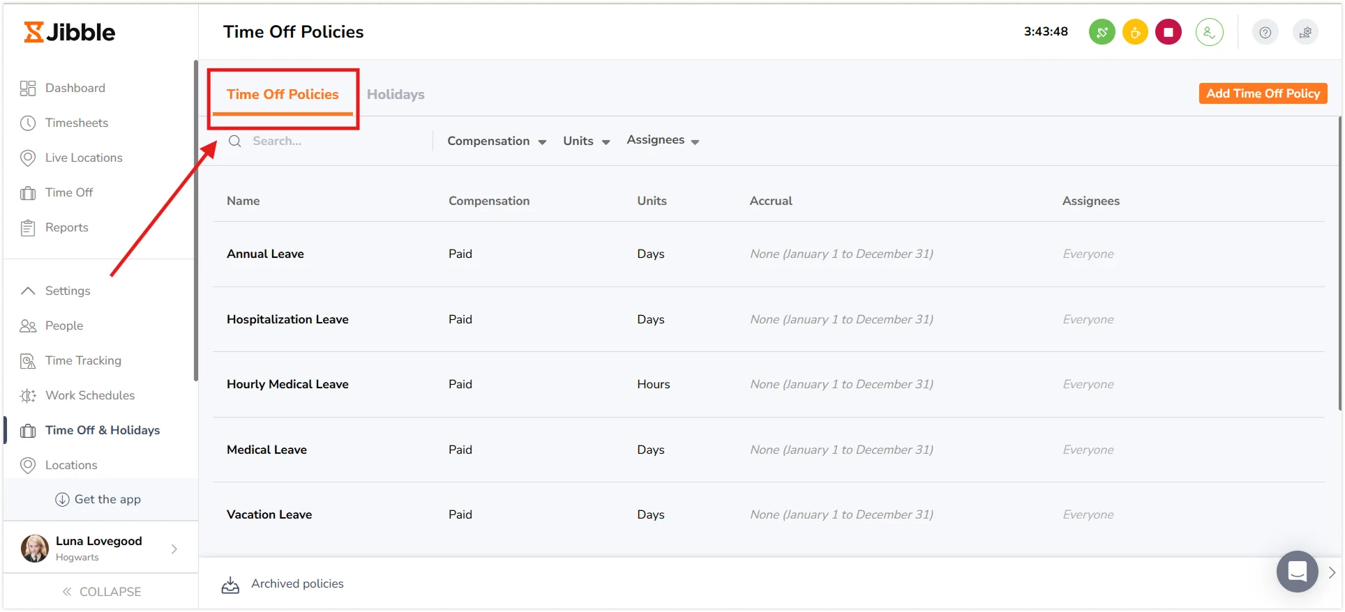 Time off policy settings on web
