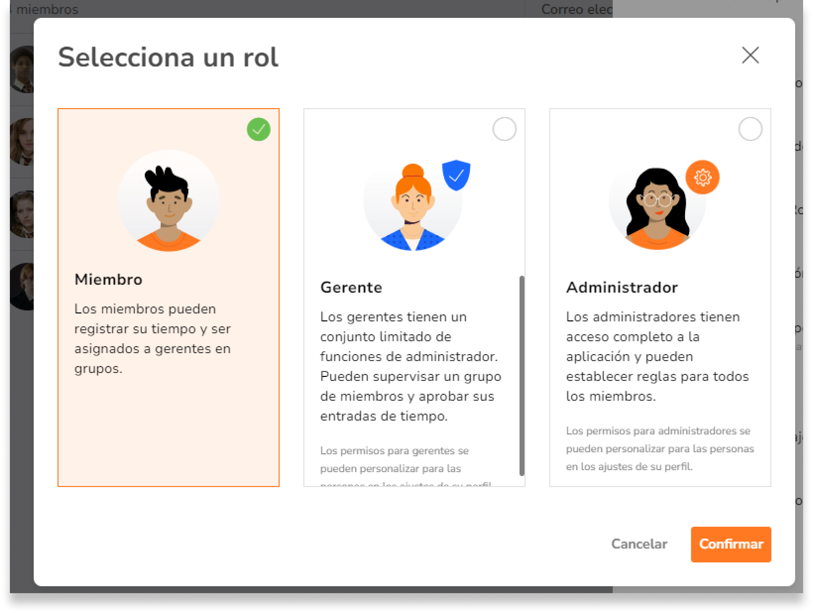 Selecciona entre Miembro, Gerente o Administrador. 