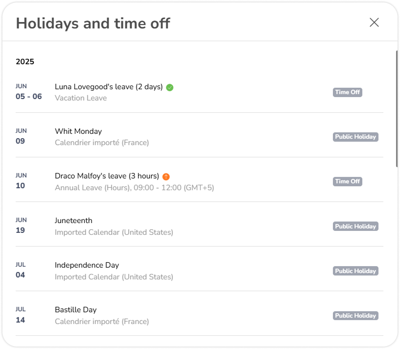 Extended list of upcoming holidays on dashboard