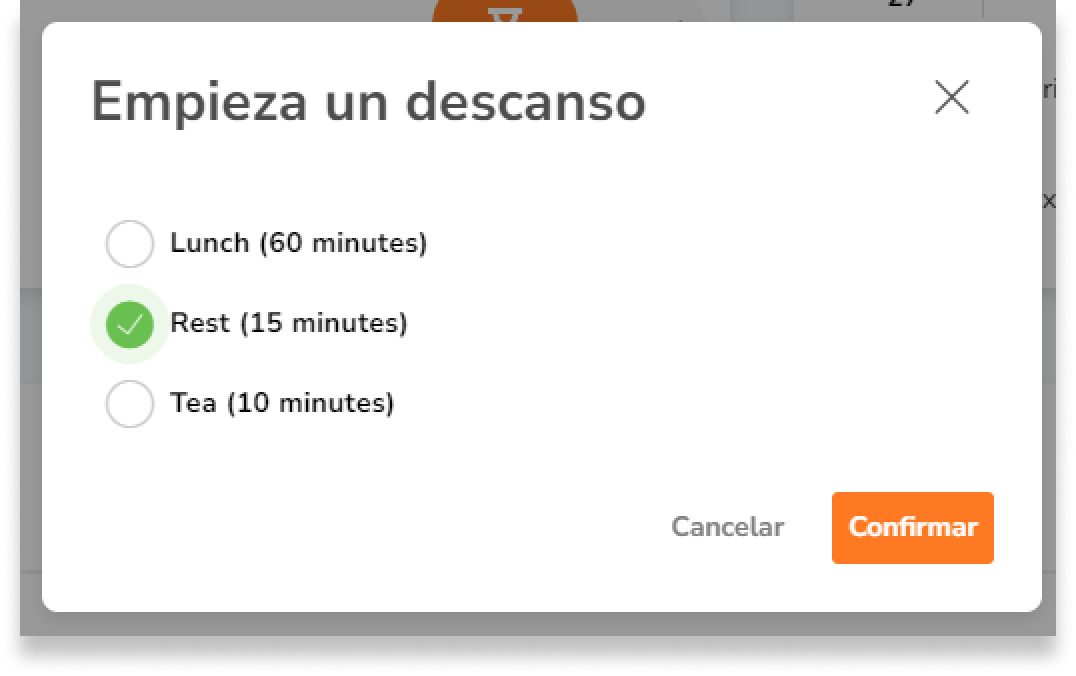 El botón amarillo Iniciar descanso se utiliza para tomar un descanso. Si tienes habilitados varios tipos de botones, podrás seleccionar el tipo de descanso que deseas tomar.