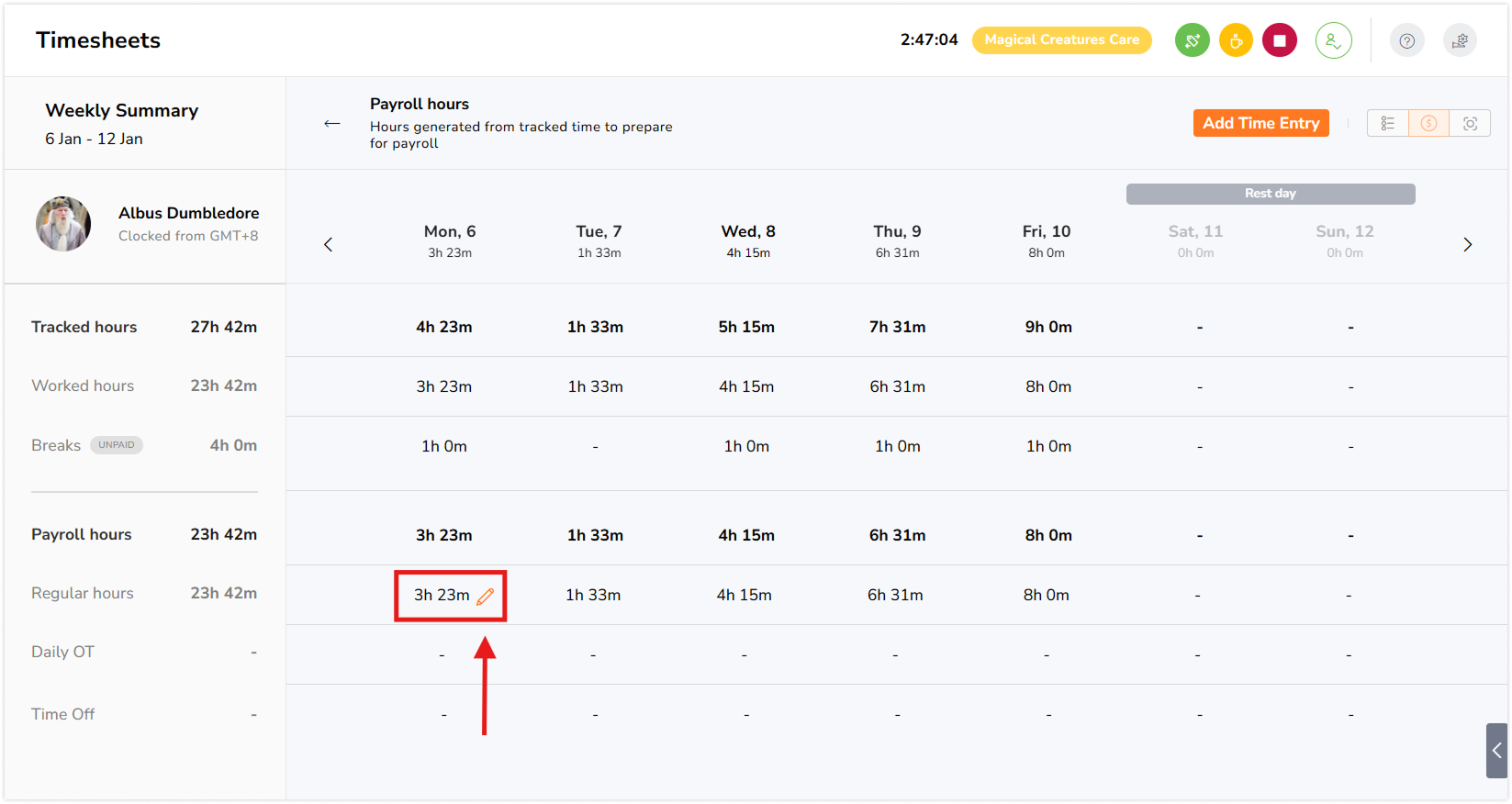 Pencil icon next to payroll hours