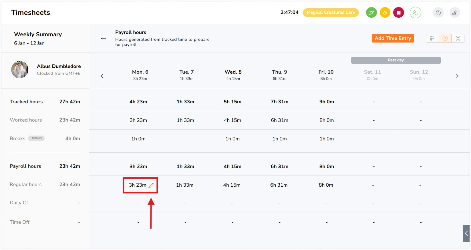 Pencil icon next to payroll hours