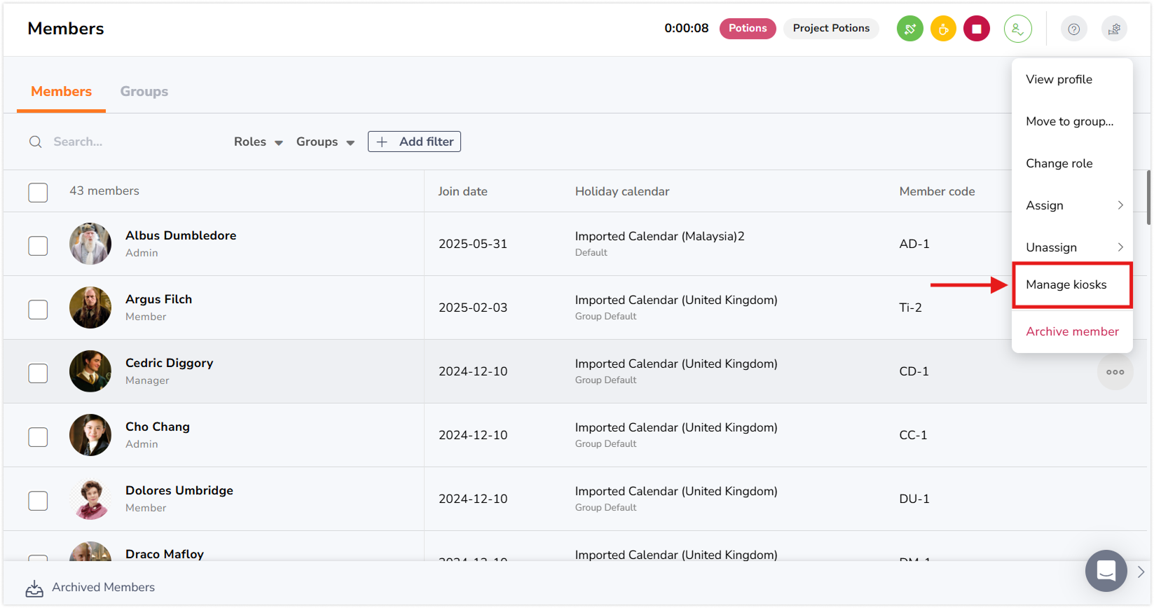 Selecting manage kiosk column in People tab