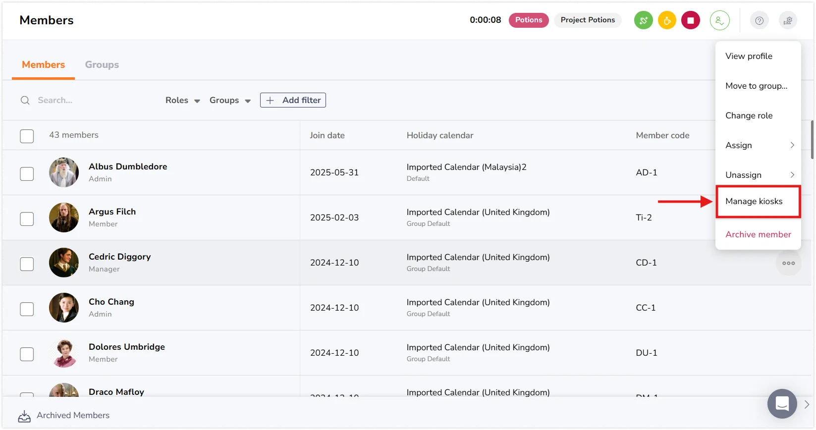 Selecting manage kiosk column in People tab