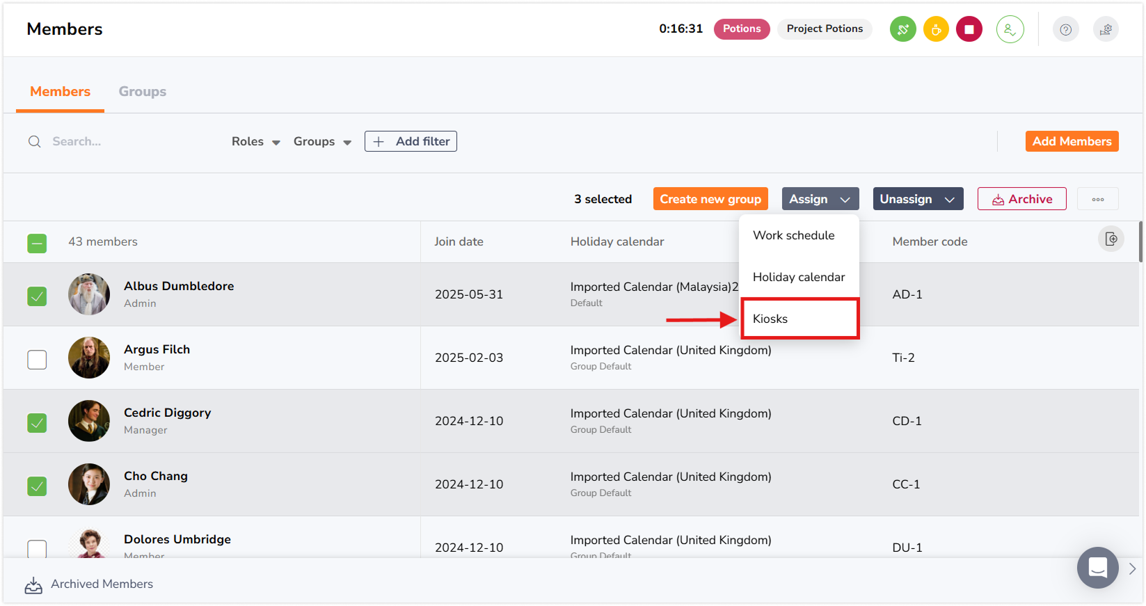 Selecting kiosks under assign button after selecting multiple members on People tab