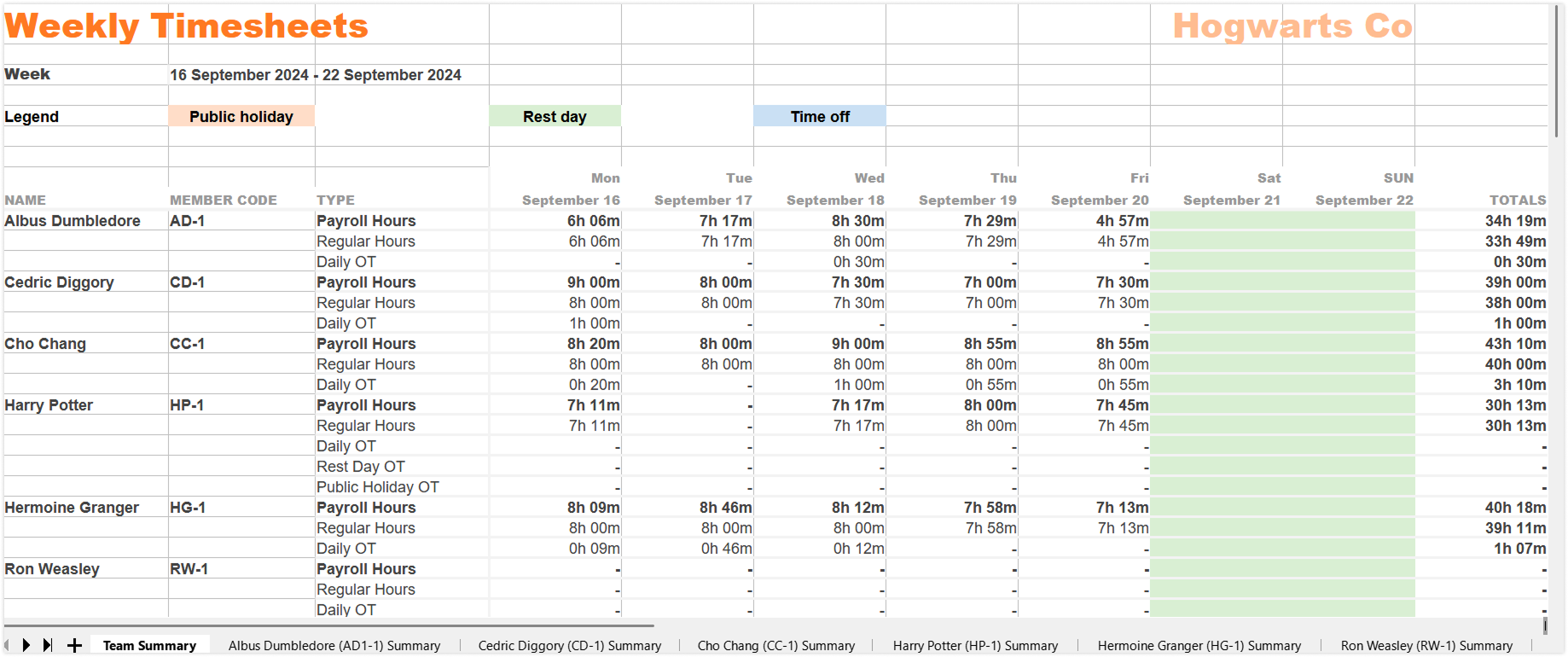 Weekly timesheet export