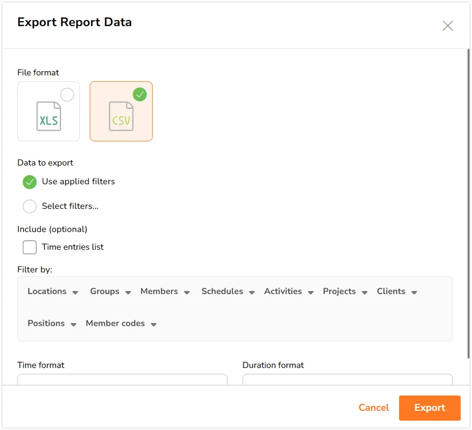 Export sidebar for tracked time report