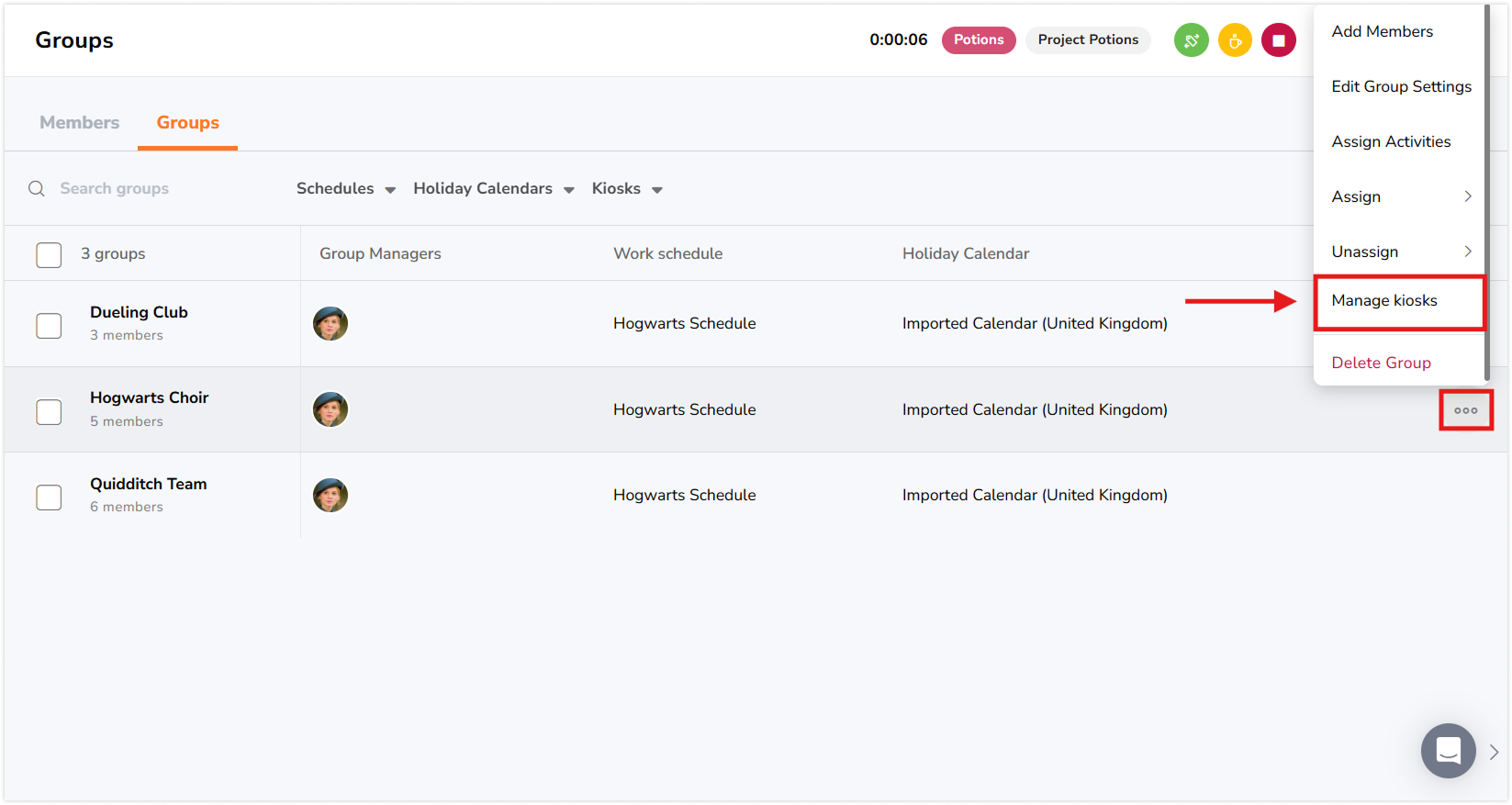 Selecting manage kiosk after clicking on ellipsis icon for a group