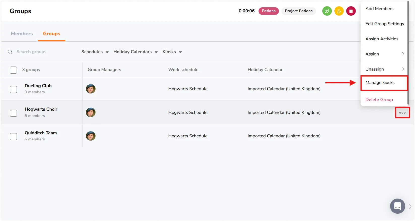 Selecting manage kiosk after clicking on ellipsis icon for a group