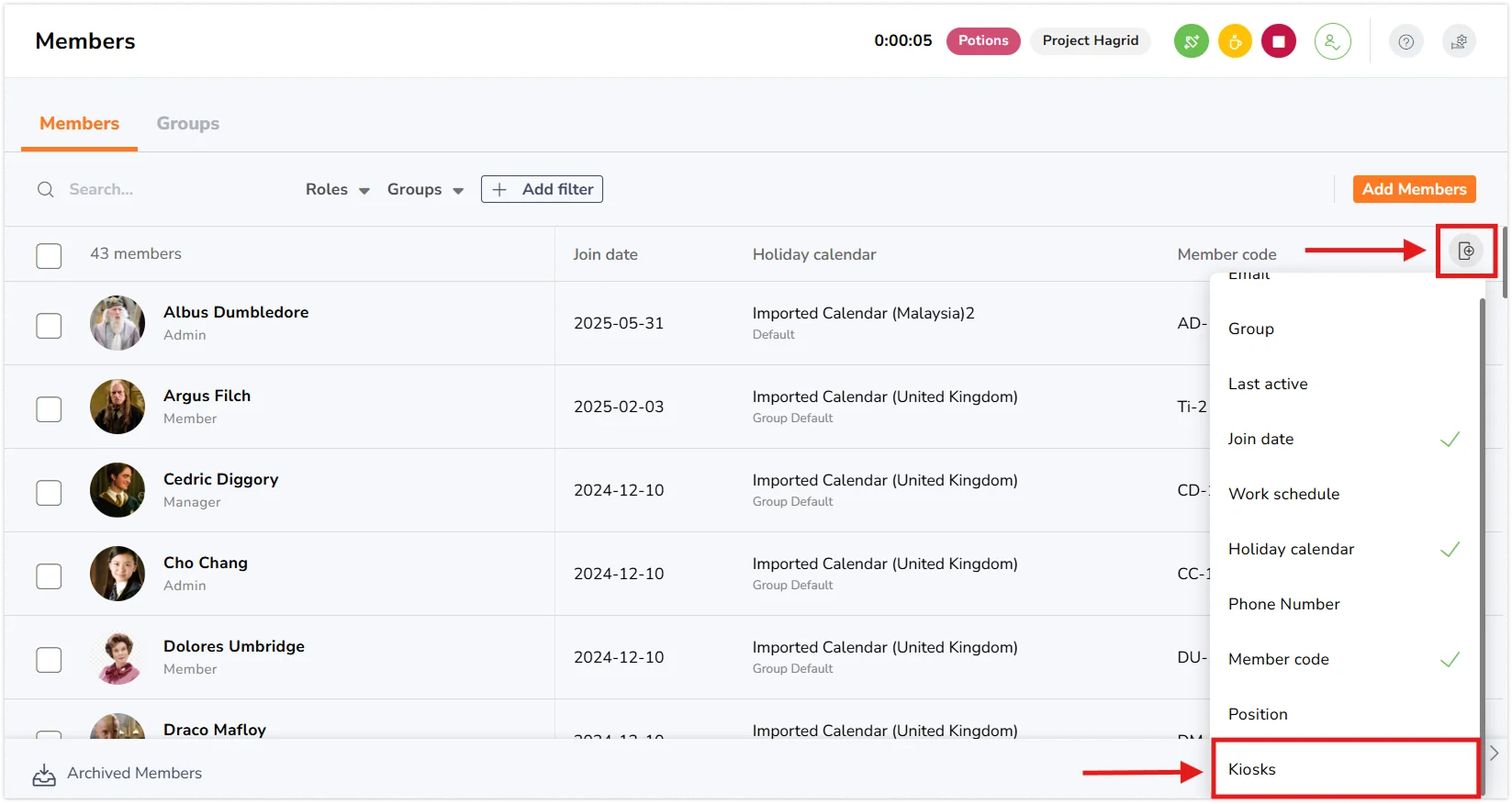 Adding additional column under Members tab to view kiosk assignment