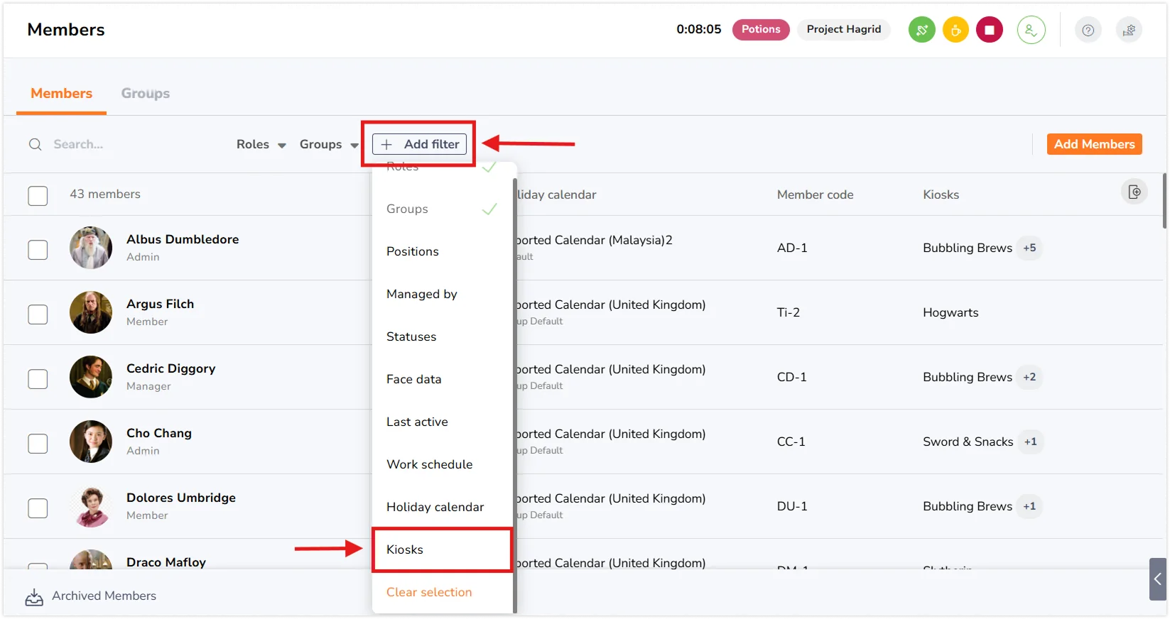 Filtering by clicking on kiosks under Add filter