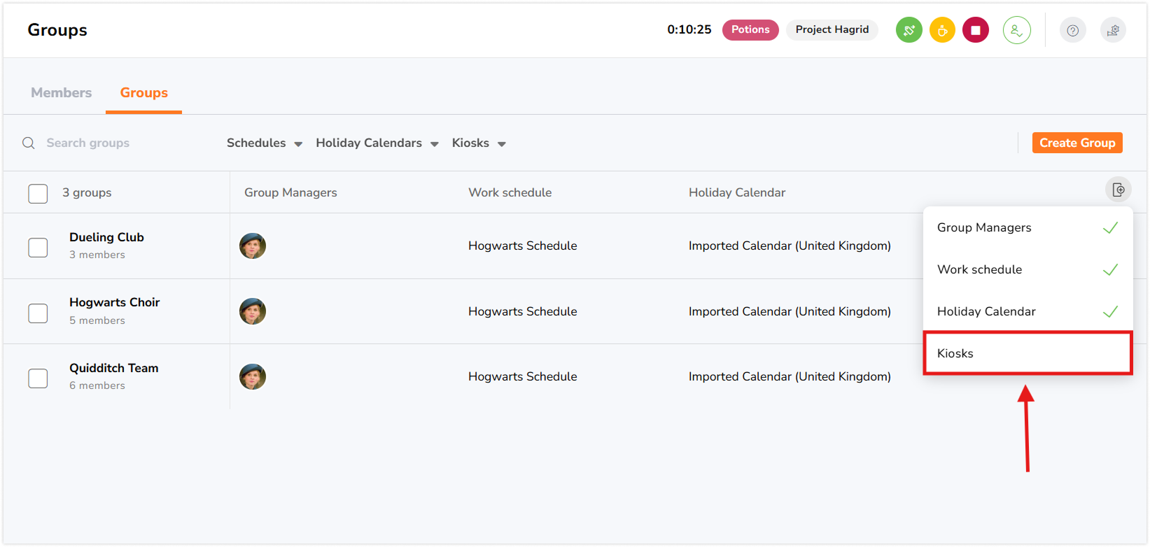 Adding an additional column under Groups tab to view kiosk assignment