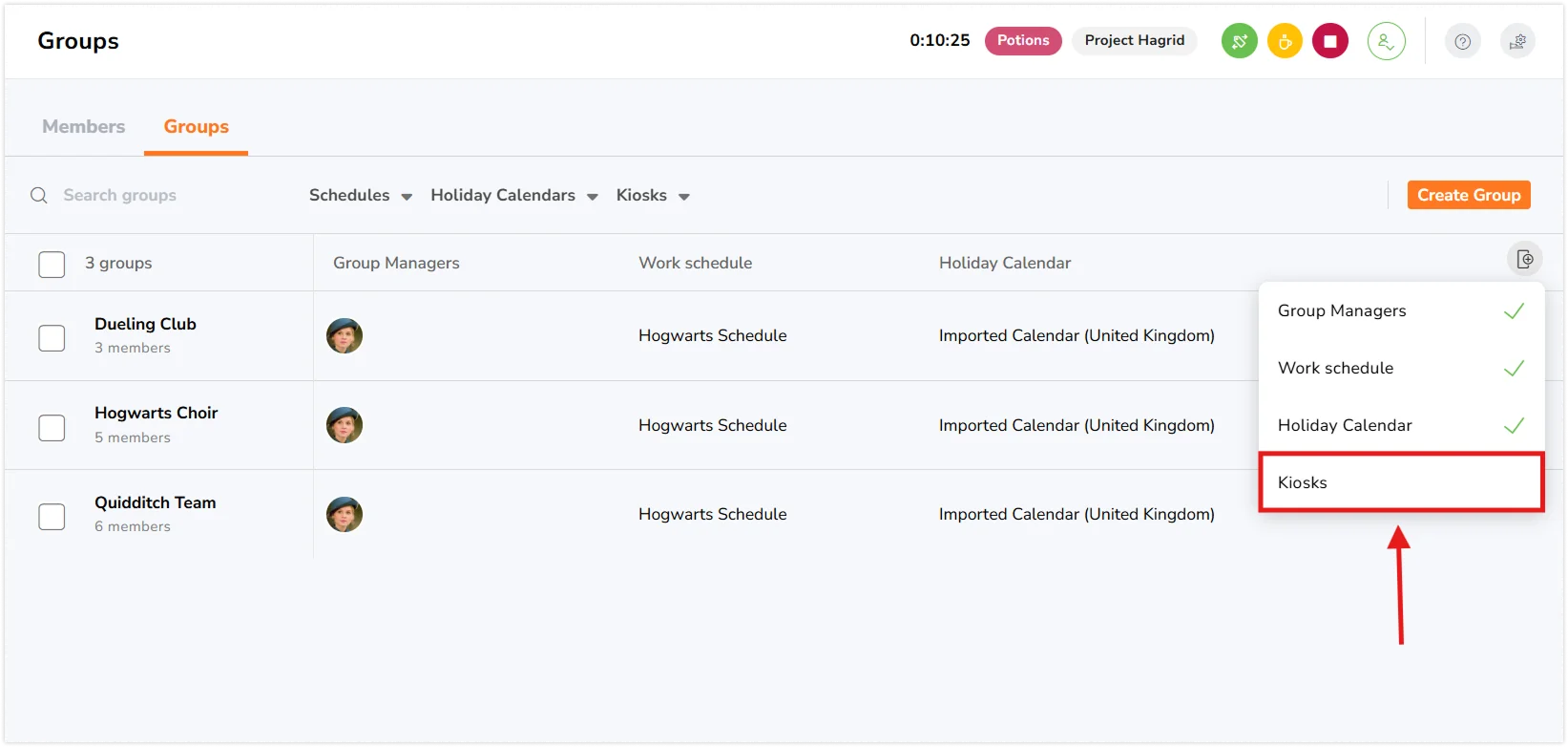 Adding an additional column under Groups tab to view kiosk assignment