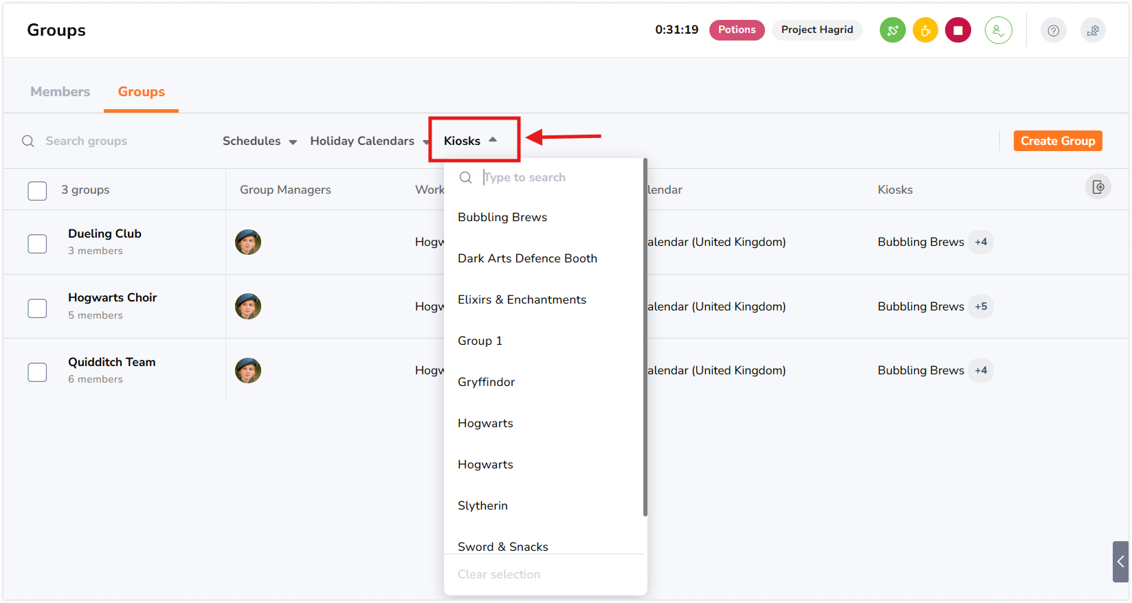 Filtering groups through kiosks