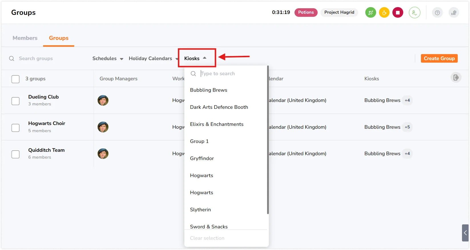 Filtering groups through kiosks