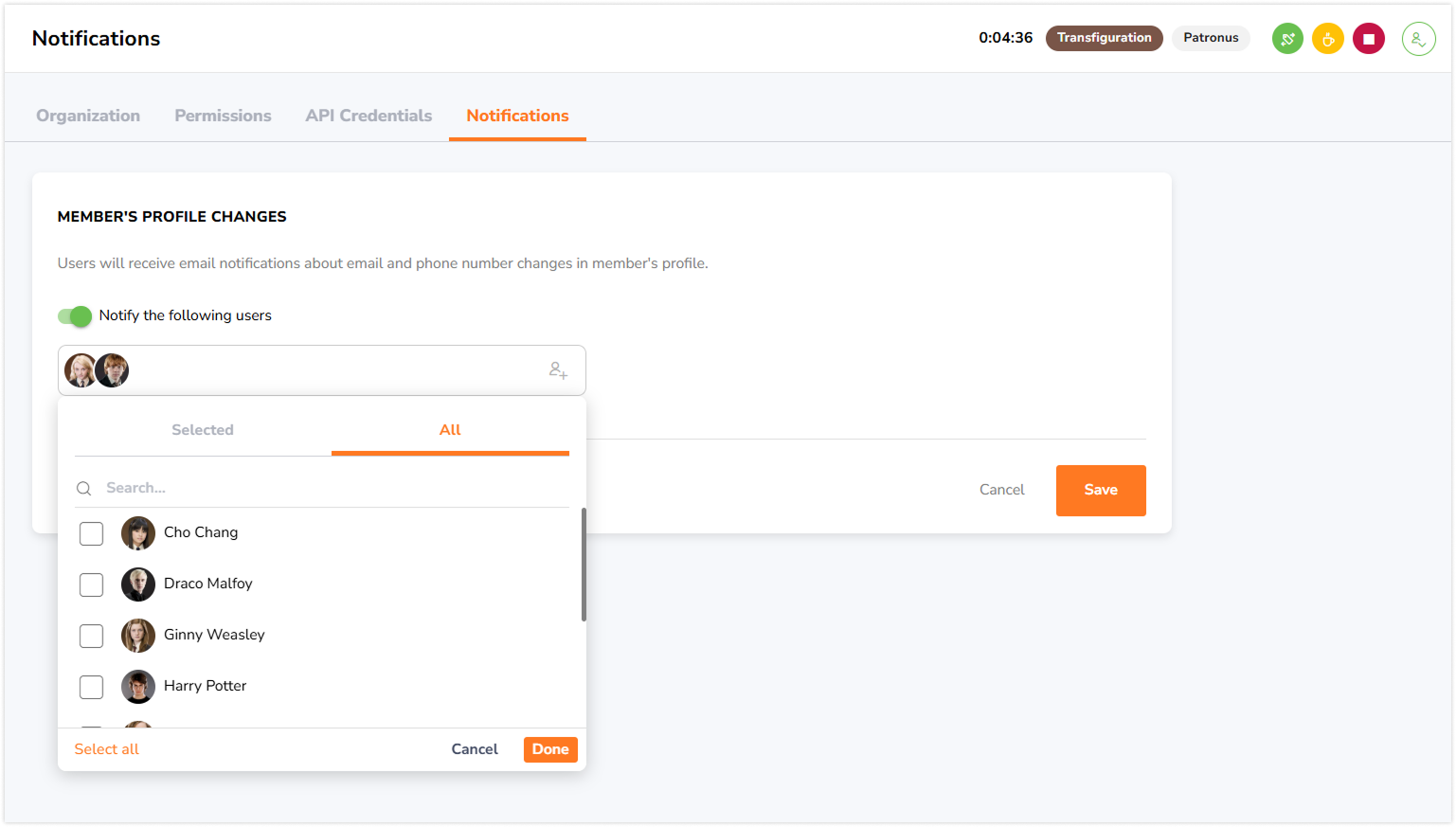 Dropdown to choose who to notify about email and phone number changes in member's profile