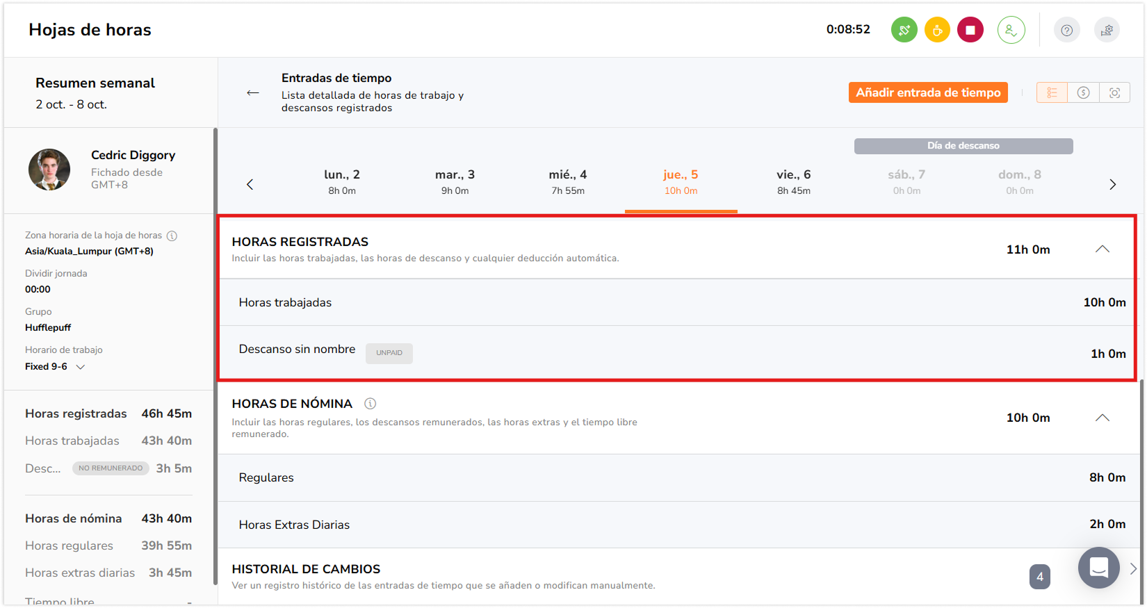 Viewing tracked hours breakdown on timesheets
