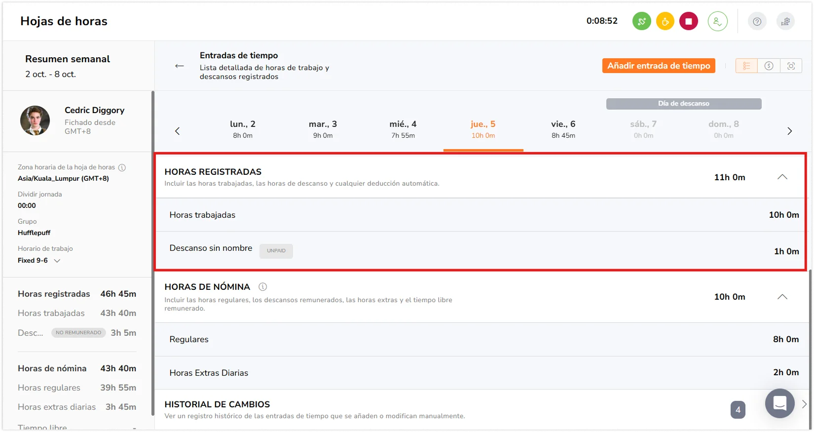 Viewing tracked hours breakdown on timesheets