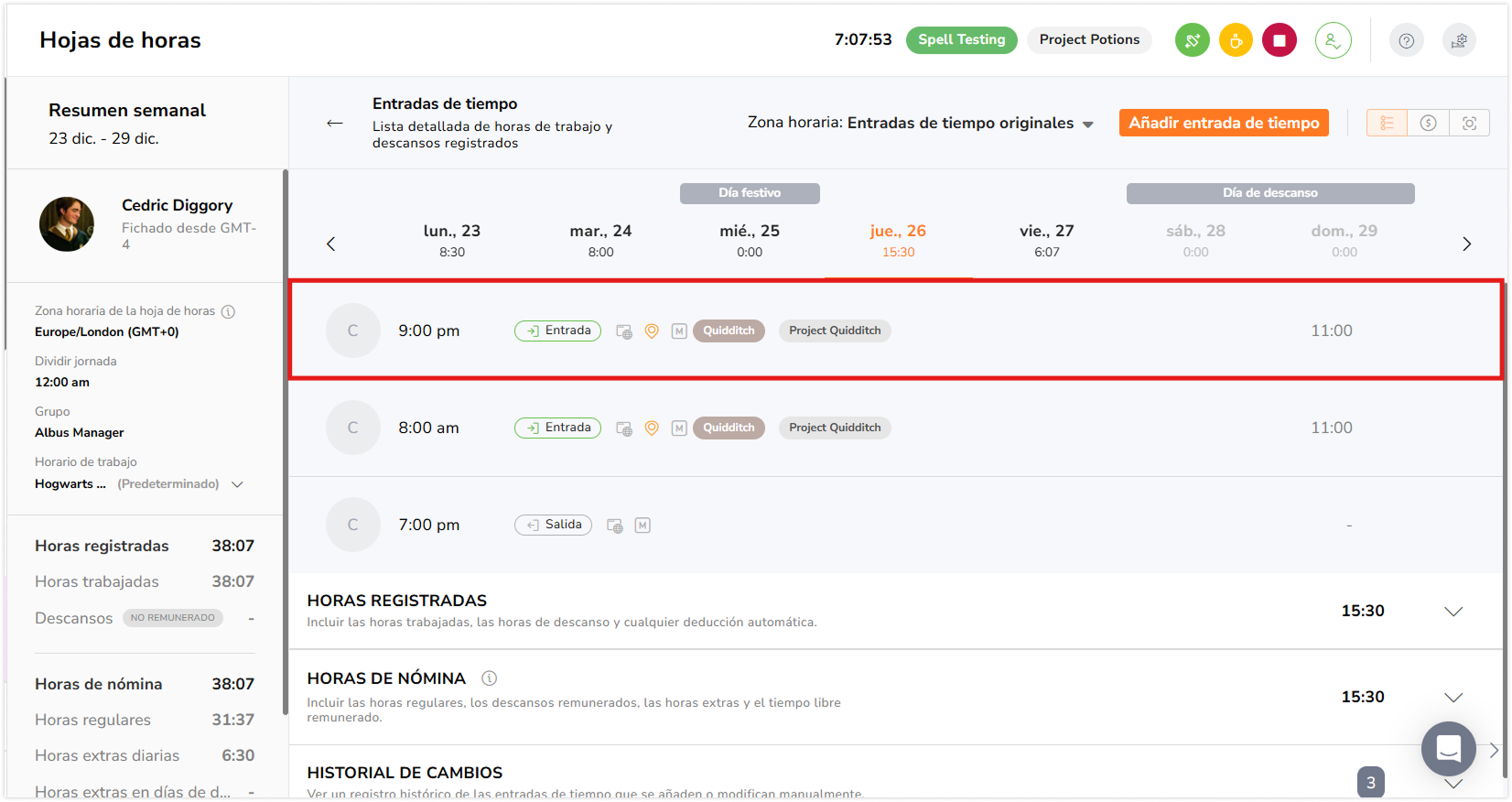 How timesheet timezone affects the display and calculations of time entries