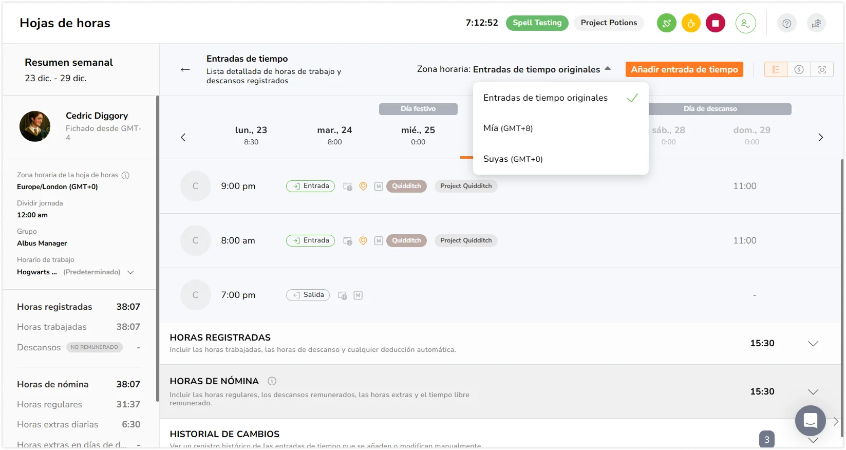 Viewing timesheets based on different timezones