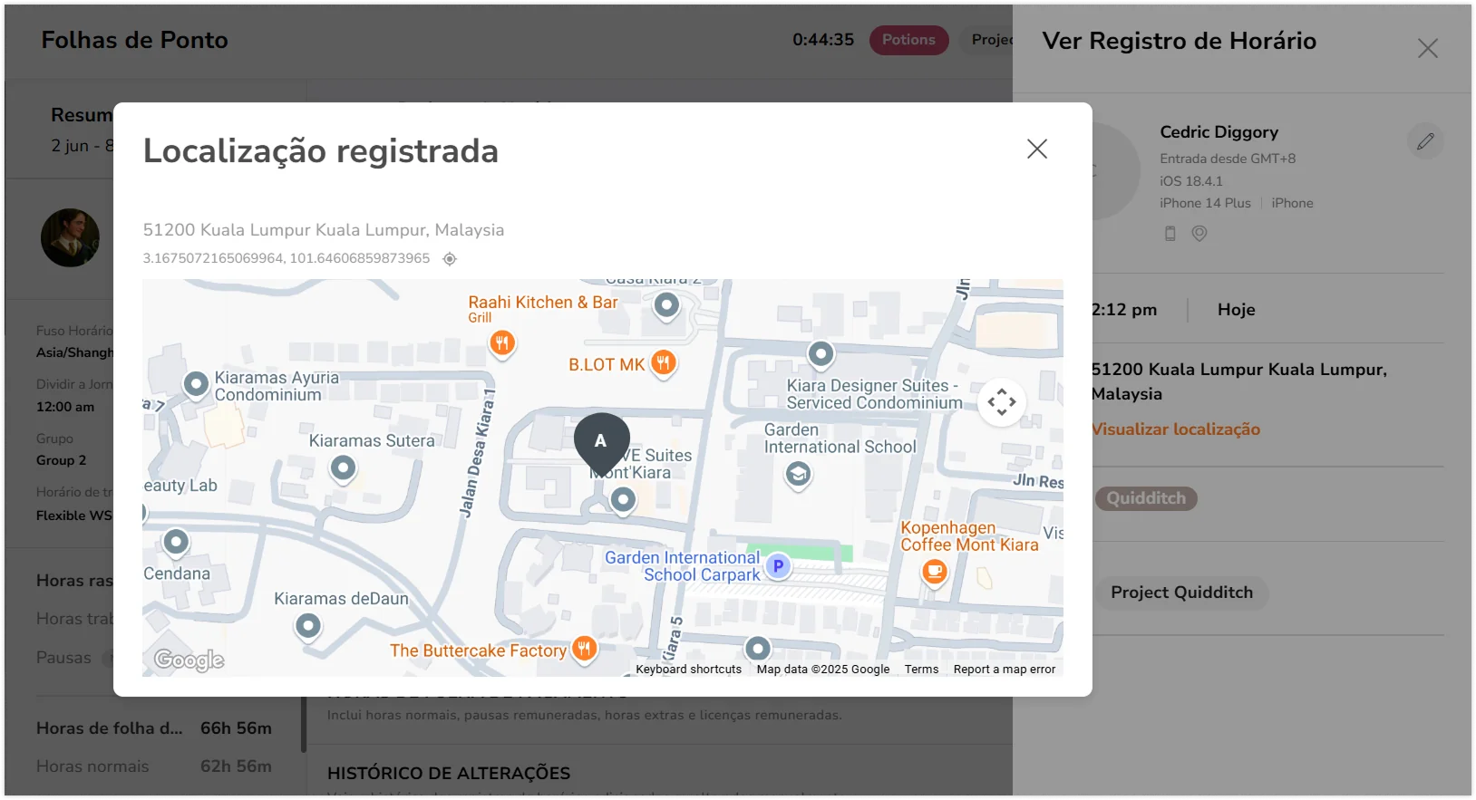 Visualizando localizações GPS em planilhas de horas detalhadas